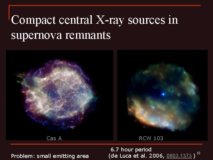 Compact central X-ray sources in supernova remnants Cas A Problem: small emitting area RCW