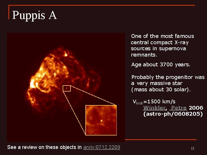 Puppis A One of the most famous central compact X-ray sources in supernova remnants.