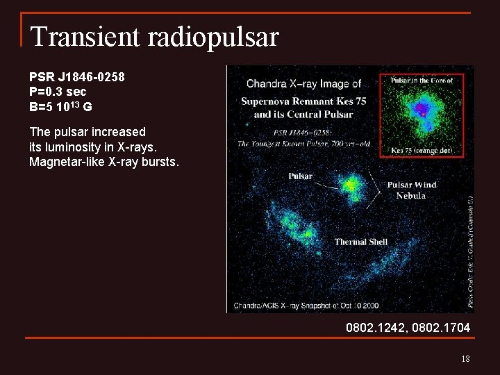 Transient radiopulsar PSR J 1846 -0258 P=0. 3 sec B=5 1013 G The pulsar
