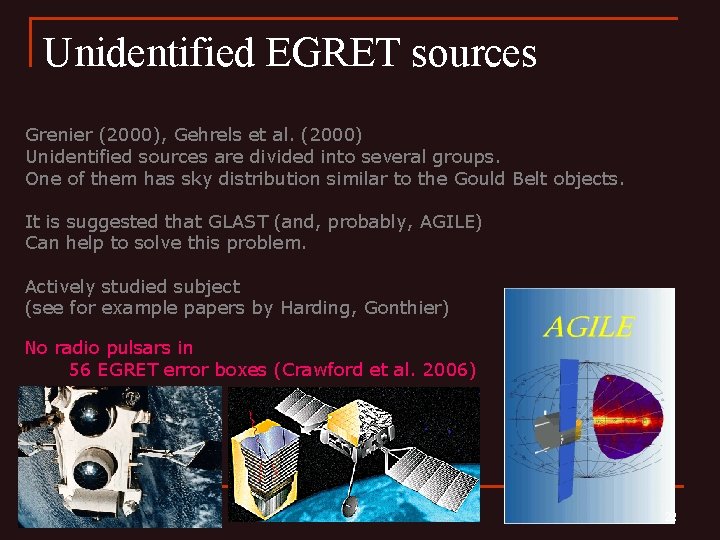 Unidentified EGRET sources Grenier (2000), Gehrels et al. (2000) Unidentified sources are divided into