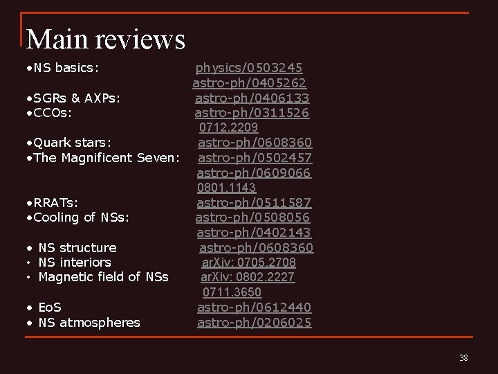 Main reviews • NS basics: physics/0503245 astro-ph/0405262 • SGRs & AXPs: astro-ph/0406133 • CCOs:
