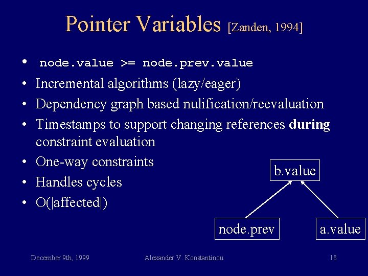 Pointer Variables [Zanden, 1994] • node. value >= node. prev. value • Incremental algorithms