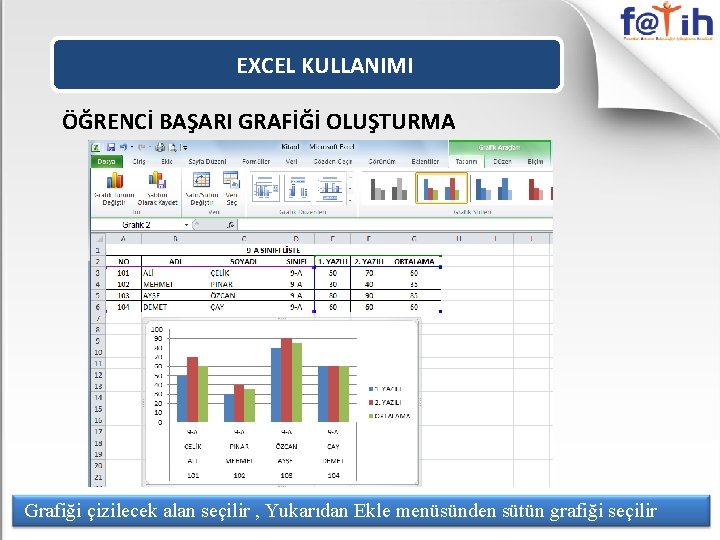 EXCEL KULLANIMI ÖĞRENCİ BAŞARI GRAFİĞİ OLUŞTURMA Grafiği çizilecek alan seçilir , Yukarıdan Ekle menüsünden
