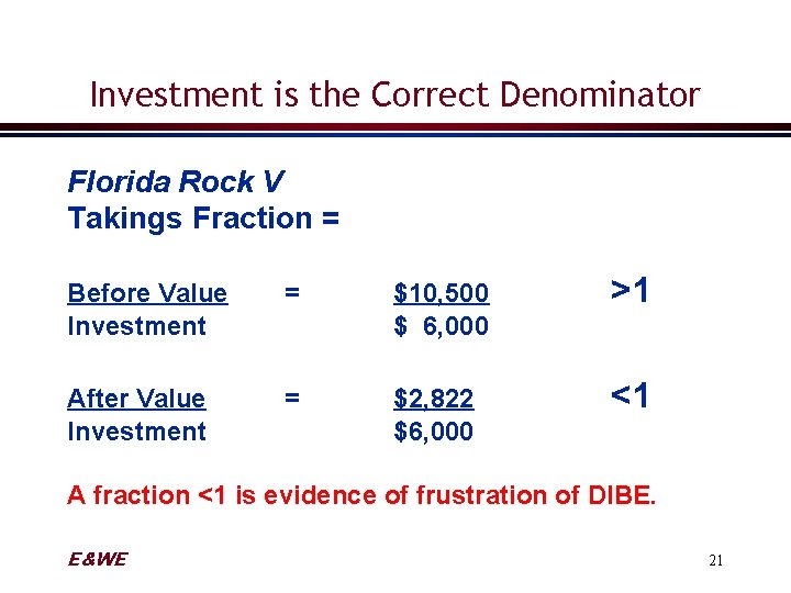 Investment is the Correct Denominator Florida Rock V Takings Fraction = Before Value Investment