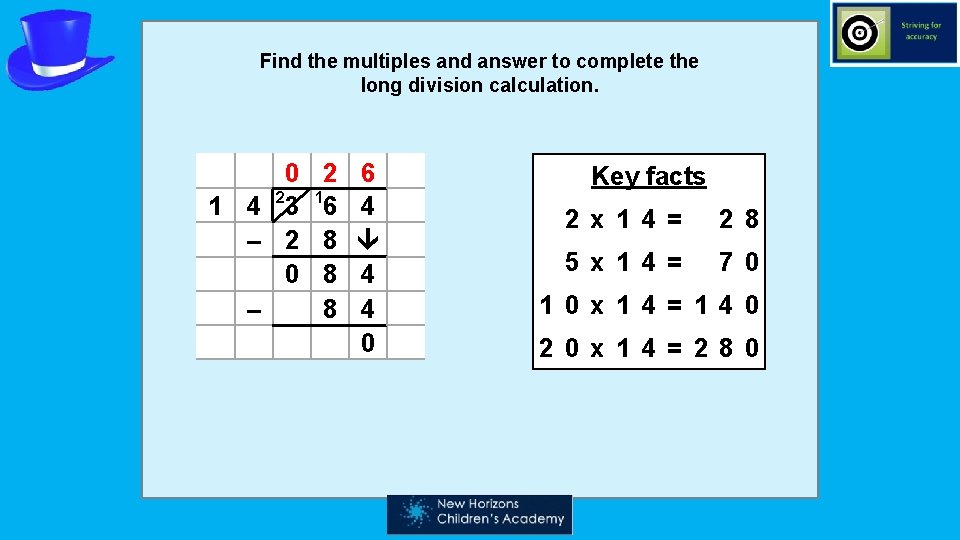 Find the multiples and answer to complete the long division calculation. 0 1 4