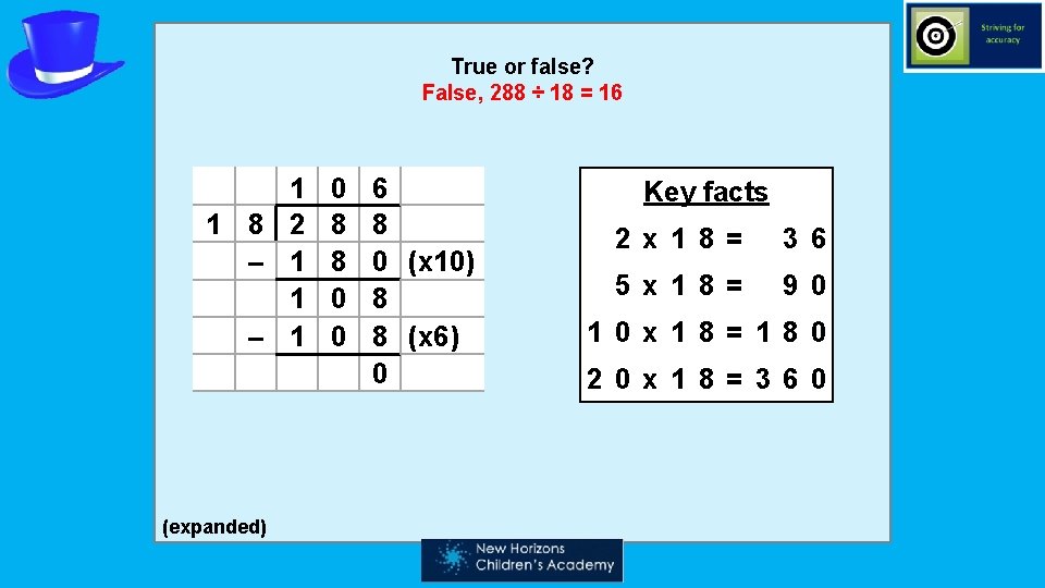 True or false? False, 288 ÷ 18 = 16 1 1 8 2 –