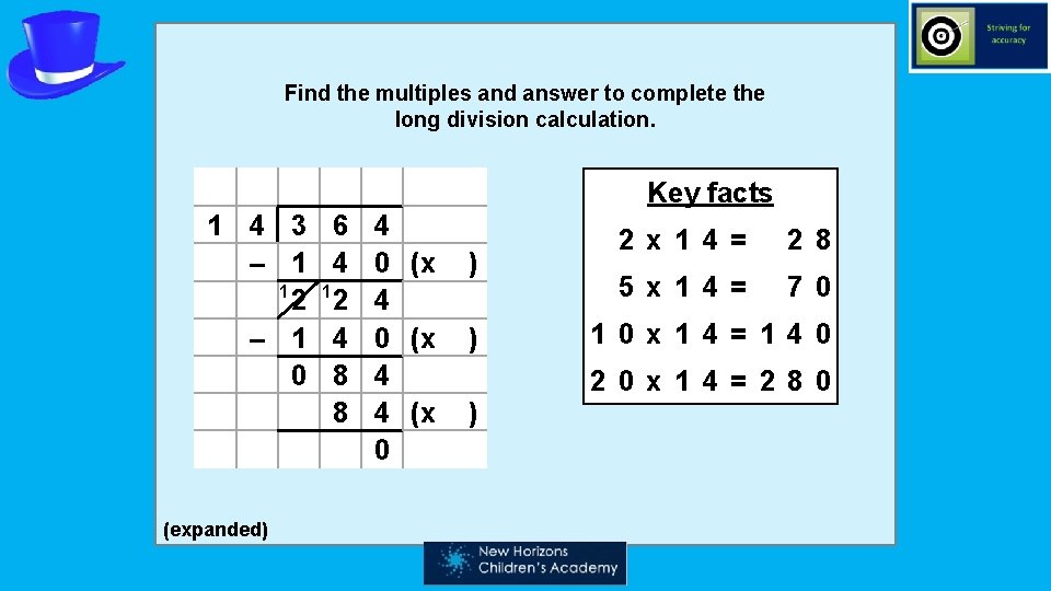 Find the multiples and answer to complete the long division calculation. Key facts 1
