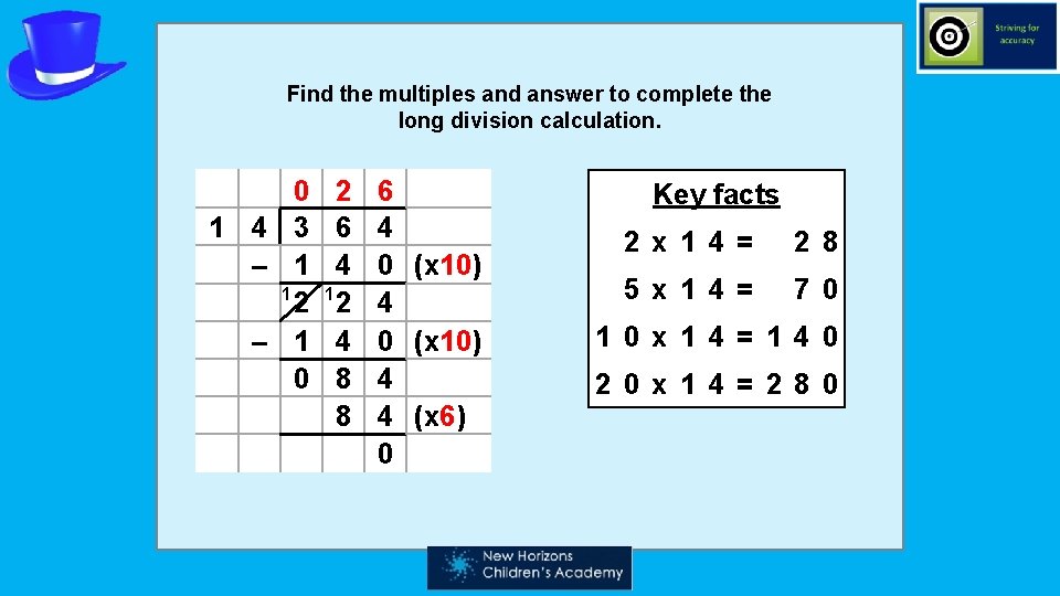 Find the multiples and answer to complete the long division calculation. 0 1 4