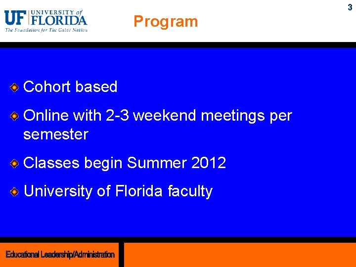 3 Program Cohort based Online with 2 -3 weekend meetings per semester Classes begin