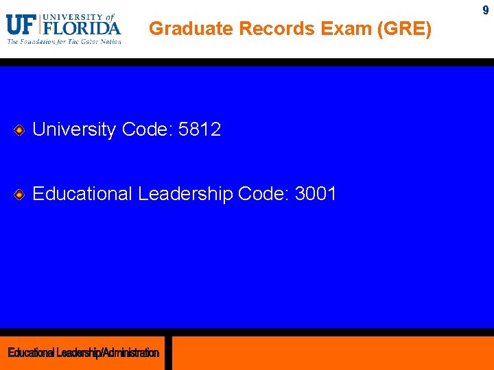 9 Graduate Records Exam (GRE) University Code: 5812 Educational Leadership Code: 3001 