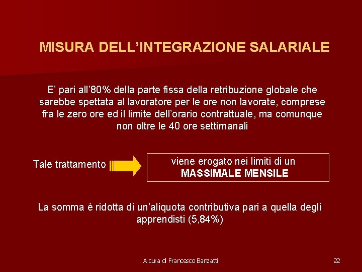 MISURA DELL’INTEGRAZIONE SALARIALE E’ pari all’ 80% della parte fissa della retribuzione globale che