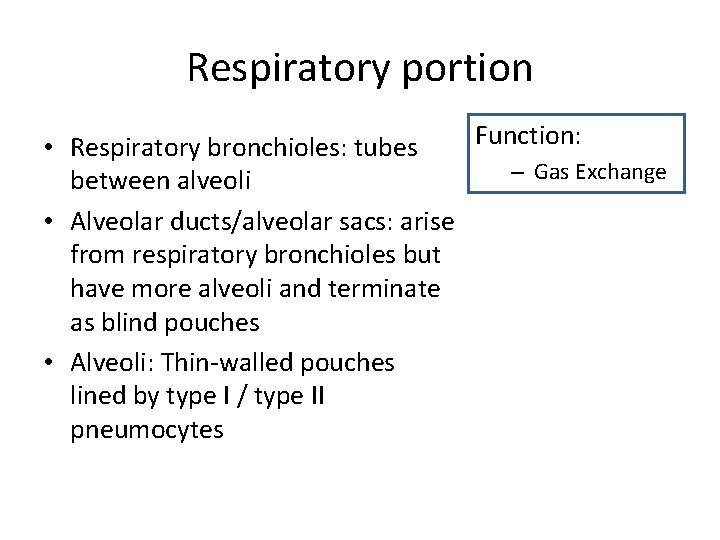 Respiratory portion Function: • Respiratory bronchioles: tubes – Gas Exchange between alveoli • Alveolar