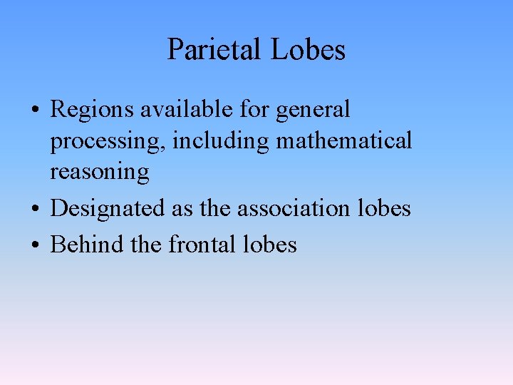Parietal Lobes • Regions available for general processing, including mathematical reasoning • Designated as Parietal Lobes • Regions available for general processing, including mathematical reasoning • Designated as