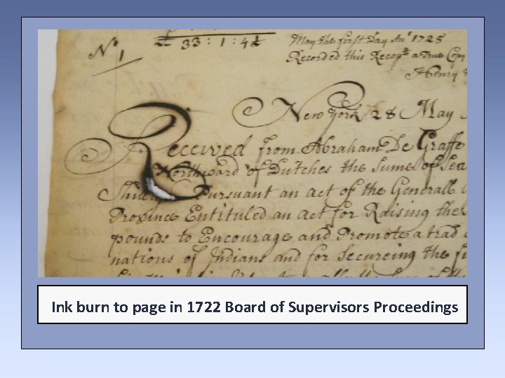Ink burn to page in 1722 Board of Supervisors Proceedings 