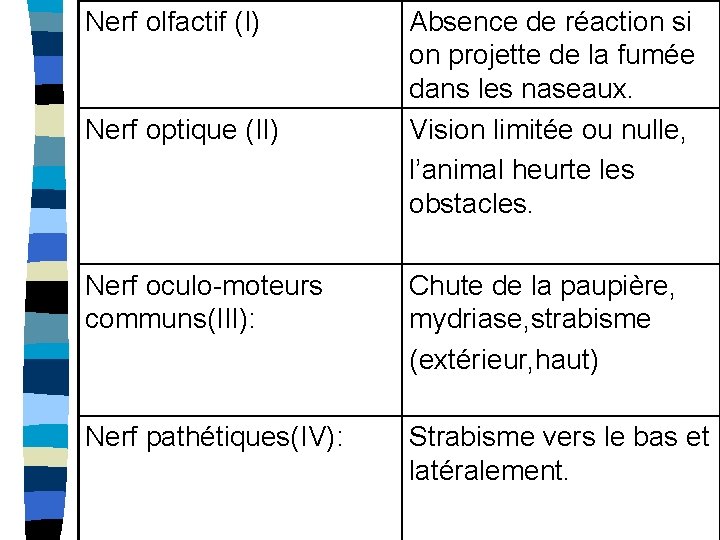 Nerf olfactif (I) Nerf optique (II) Absence de réaction si on projette de la