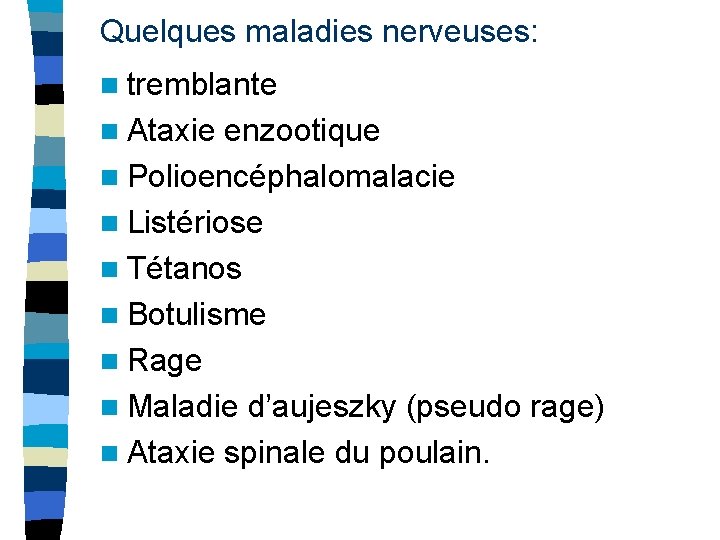 Quelques maladies nerveuses: n tremblante n Ataxie enzootique n Polioencéphalomalacie n Listériose n Tétanos