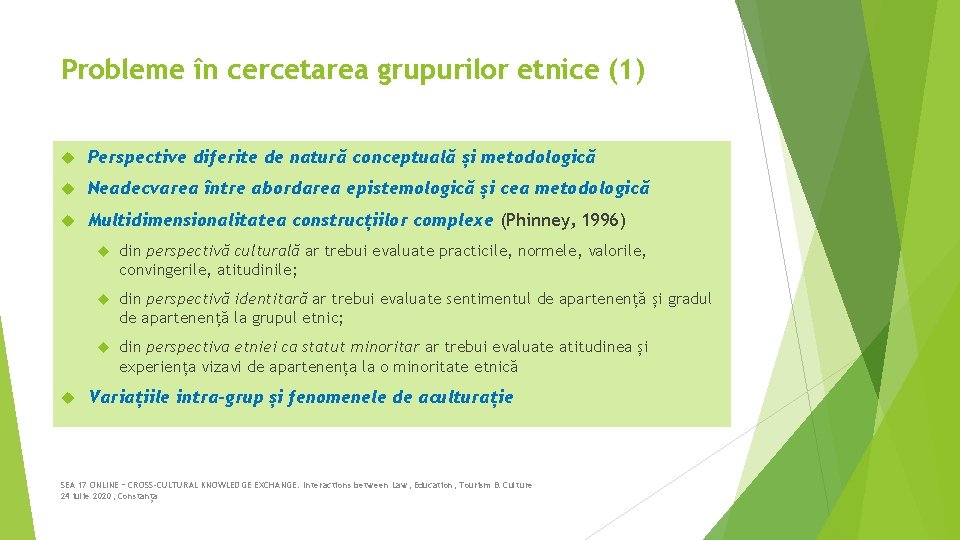 Probleme în cercetarea grupurilor etnice (1) Perspective diferite de natură conceptuală și metodologică Neadecvarea