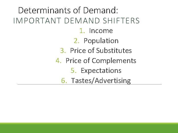 Determinants of Demand: IMPORTANT DEMAND SHIFTERS 1. Income 2. Population 3. Price of Substitutes Determinants of Demand: IMPORTANT DEMAND SHIFTERS 1. Income 2. Population 3. Price of Substitutes