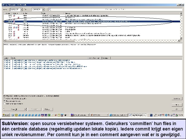 Sub. Version: open source versiebeheer systeem. Gebruikers ‘committen’ hun files in één centrale database