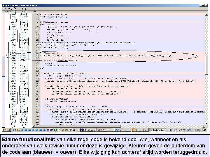 Blame functionaliteit: van elke regel code is bekend door wie, wanneer en als onderdeel