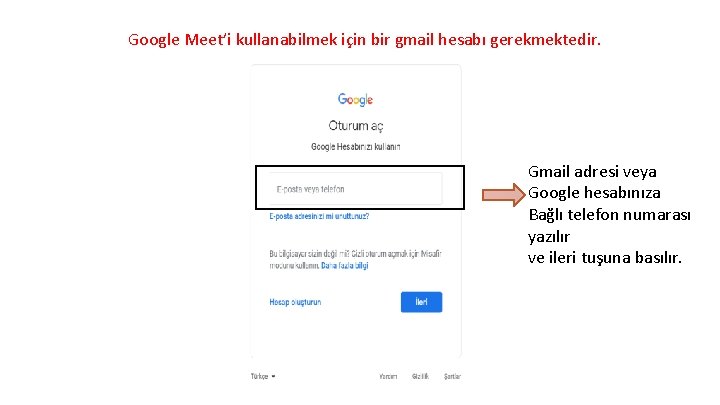 Google Meet’i kullanabilmek için bir gmail hesabı gerekmektedir. Gmail adresi veya Google hesabınıza Bağlı