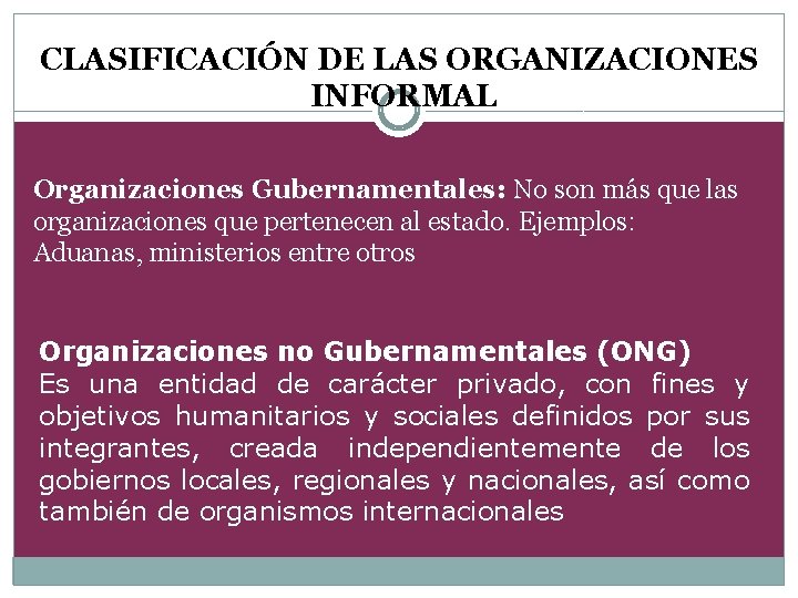 CLASIFICACIÓN DE LAS ORGANIZACIONES INFORMAL Organizaciones Gubernamentales: No son más que las organizaciones que
