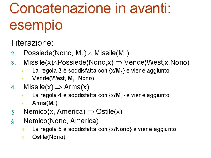 Concatenazione in avanti: esempio I iterazione: 2. 3. Possiede(Nono, M 1) Missile(M 1) Missile(x)