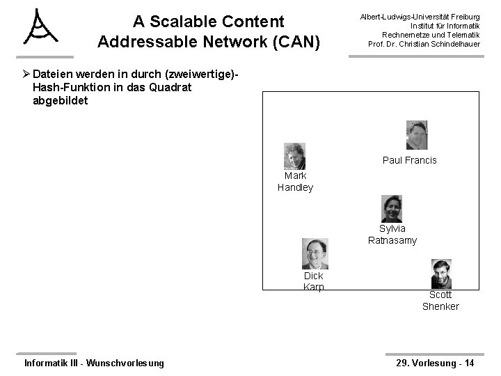 A Scalable Content Addressable Network (CAN) Albert-Ludwigs-Universität Freiburg Institut für Informatik Rechnernetze und Telematik