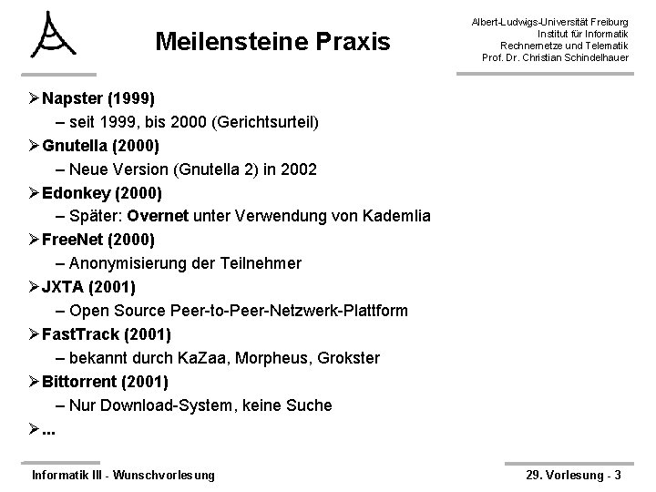 Meilensteine Praxis Albert-Ludwigs-Universität Freiburg Institut für Informatik Rechnernetze und Telematik Prof. Dr. Christian Schindelhauer