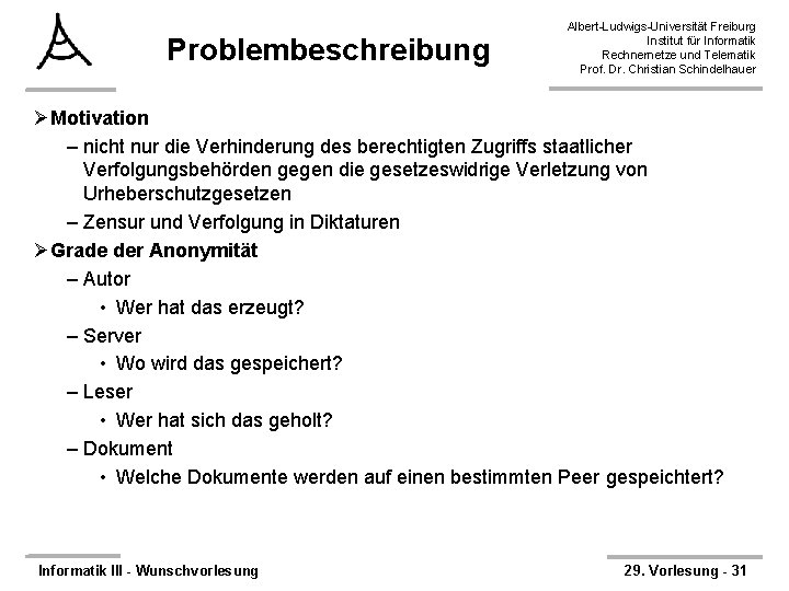 Problembeschreibung Albert-Ludwigs-Universität Freiburg Institut für Informatik Rechnernetze und Telematik Prof. Dr. Christian Schindelhauer ØMotivation