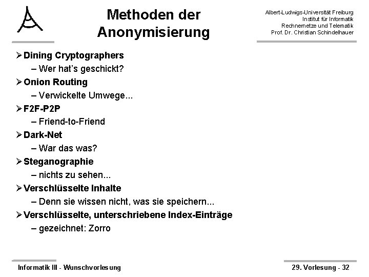 Methoden der Anonymisierung Albert-Ludwigs-Universität Freiburg Institut für Informatik Rechnernetze und Telematik Prof. Dr. Christian