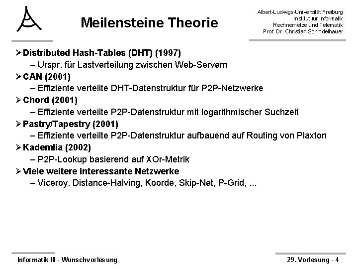 Meilensteine Theorie Albert-Ludwigs-Universität Freiburg Institut für Informatik Rechnernetze und Telematik Prof. Dr. Christian Schindelhauer