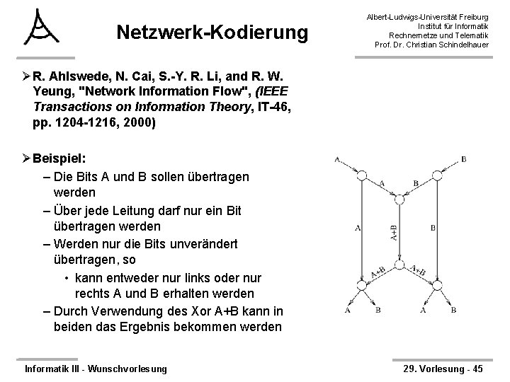 Netzwerk-Kodierung Albert-Ludwigs-Universität Freiburg Institut für Informatik Rechnernetze und Telematik Prof. Dr. Christian Schindelhauer ØR.