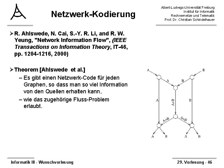 Netzwerk-Kodierung Albert-Ludwigs-Universität Freiburg Institut für Informatik Rechnernetze und Telematik Prof. Dr. Christian Schindelhauer ØR.