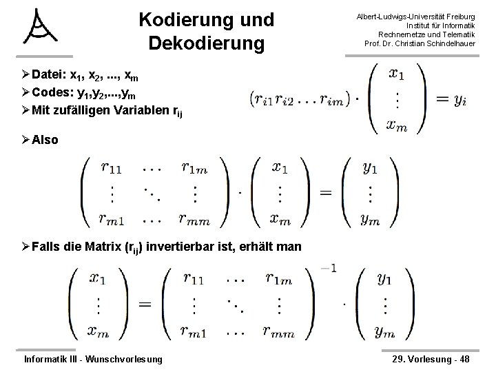 Kodierung und Dekodierung Albert-Ludwigs-Universität Freiburg Institut für Informatik Rechnernetze und Telematik Prof. Dr. Christian