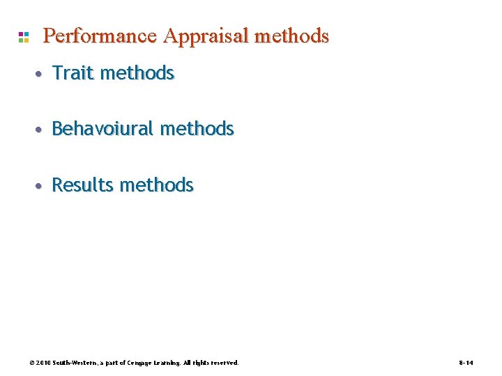 Performance Appraisal methods • Trait methods • Behavoiural methods • Results methods © 2010