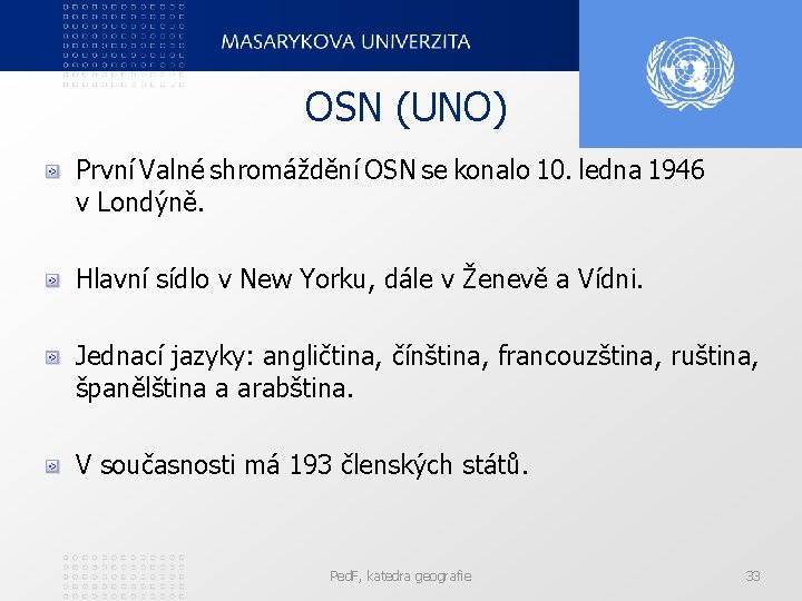 OSN (UNO) První Valné shromáždění OSN se konalo 10. ledna 1946 v Londýně. Hlavní