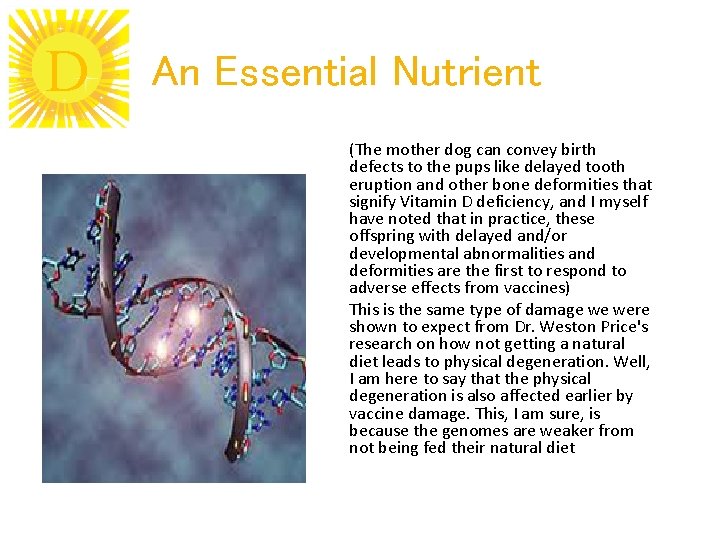 D An Essential Nutrient (The mother dog can convey birth defects to the pups