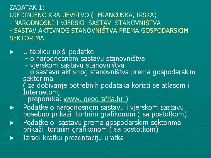 ZADATAK 1: UJEDINJENO KRALJEVSTVO ( FRANCUSKA, IRSKA) - NARODNOSNI I VJERSKI SASTAV STANOVNIŠTVA -