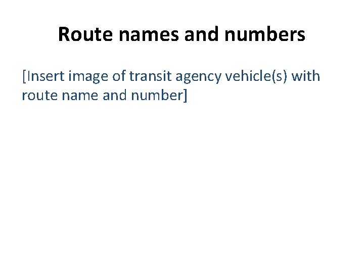 Route names and numbers [Insert image of transit agency vehicle(s) with route name and
