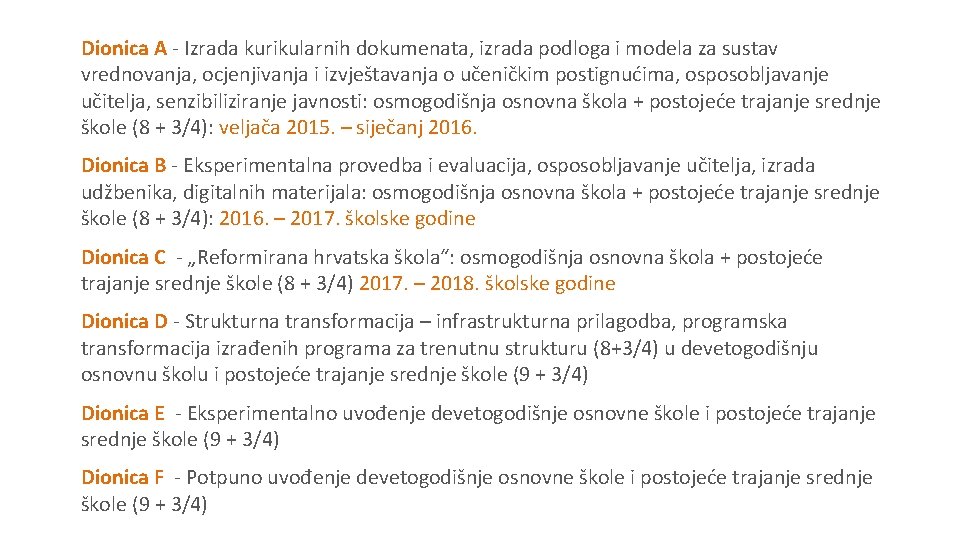 Dionica A Izrada kurikularnih dokumenata, izrada podloga i modela za sustav vrednovanja, ocjenjivanja i