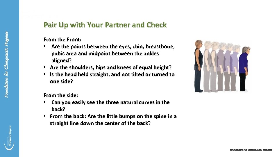Foundation for Chiropractic Progress Pair Up with Your Partner and Check From the Front:
