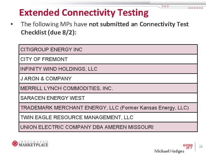 Extended Connectivity Testing • The following MPs have not submitted an Connectivity Test Checklist