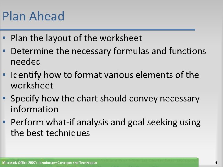 Plan Ahead • Plan the layout of the worksheet • Determine the necessary formulas