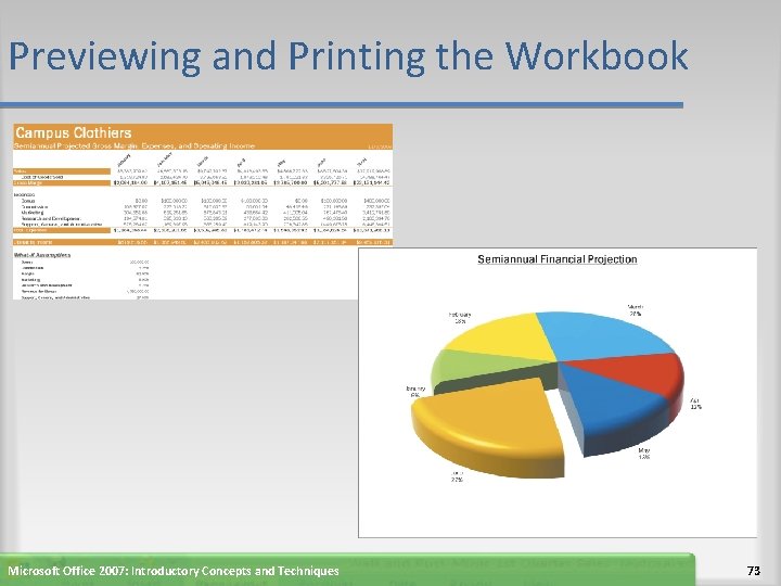 Previewing and Printing the Workbook Microsoft Office 2007: Introductory Concepts and Techniques 73 