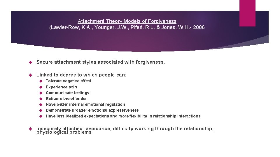 Attachment Theory Models of Forgiveness (Lawler-Row, K. A. , Younger, J. W. , Piferi,