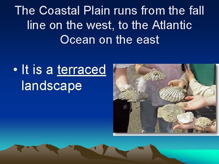 The Coastal Plain runs from the fall line on the west, to the Atlantic The Coastal Plain runs from the fall line on the west, to the Atlantic
