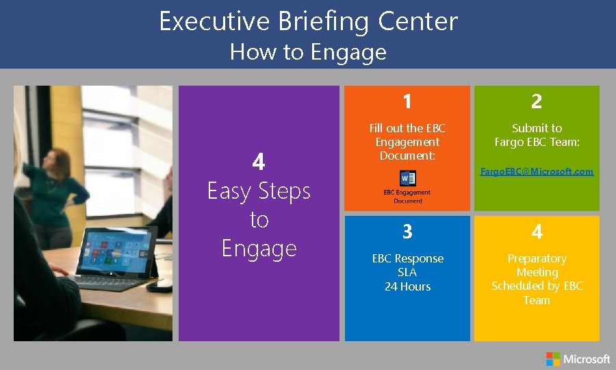 Executive Briefing Center How to Engage 4 Easy Steps to Engage 1 2 Fill