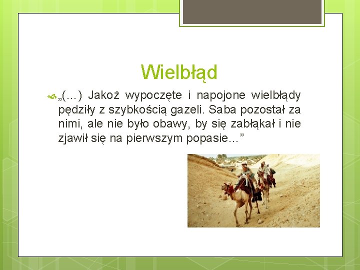 Wielbłąd „(…) Jakoż wypoczęte i napojone wielbłądy pędziły z szybkością gazeli. Saba pozostał za