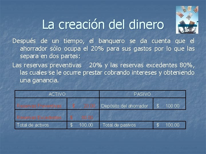 La creación del dinero Después de un tiempo, el banquero se da cuenta que